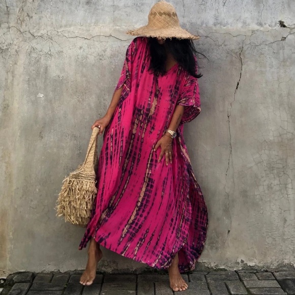 Dianthus Kimono Kaftan Dress Maxi, 5⭐️ Rated Soft Flowing Pink Boho Airy Kaftan - Picture 6 of 11